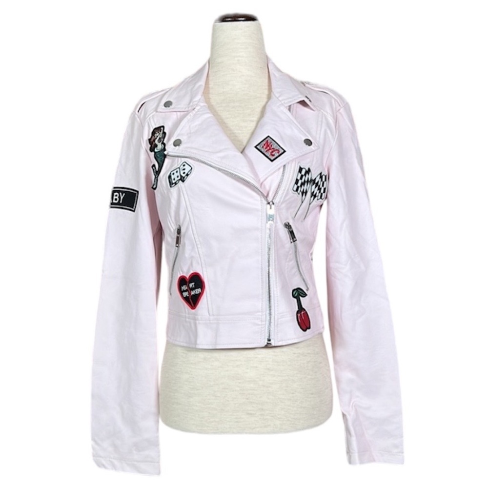 RARE Forever 21 Blush Pink Vegan Leather Moto Jacket With Retro Patches